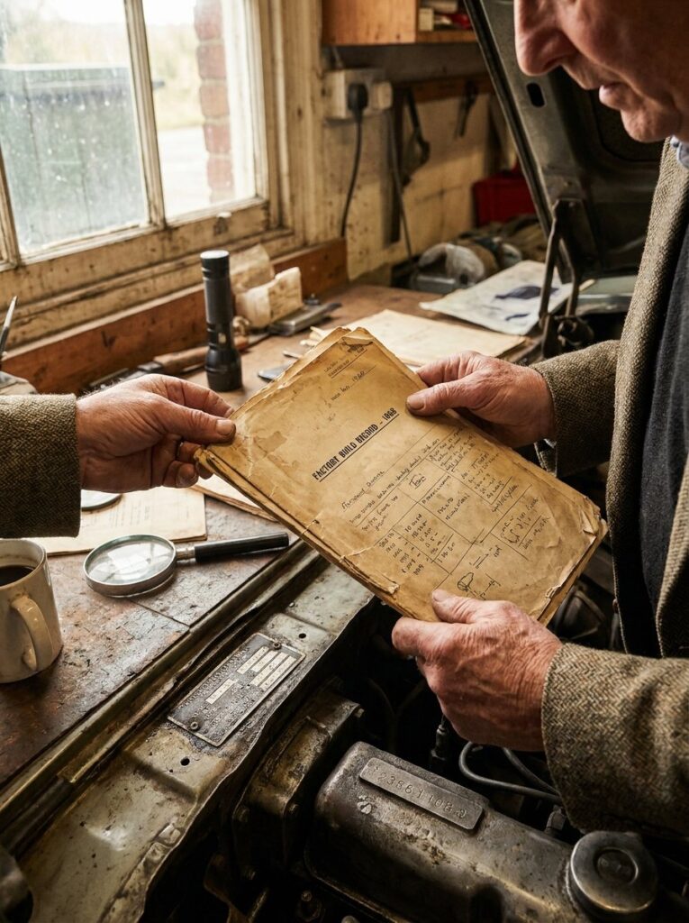 Classic car specialist comparing an original build record with the vehicle’s engine number