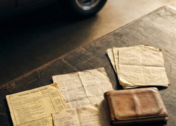 Classic car documentation, service records, ownership papers and keys displayed beside a vintage automobile