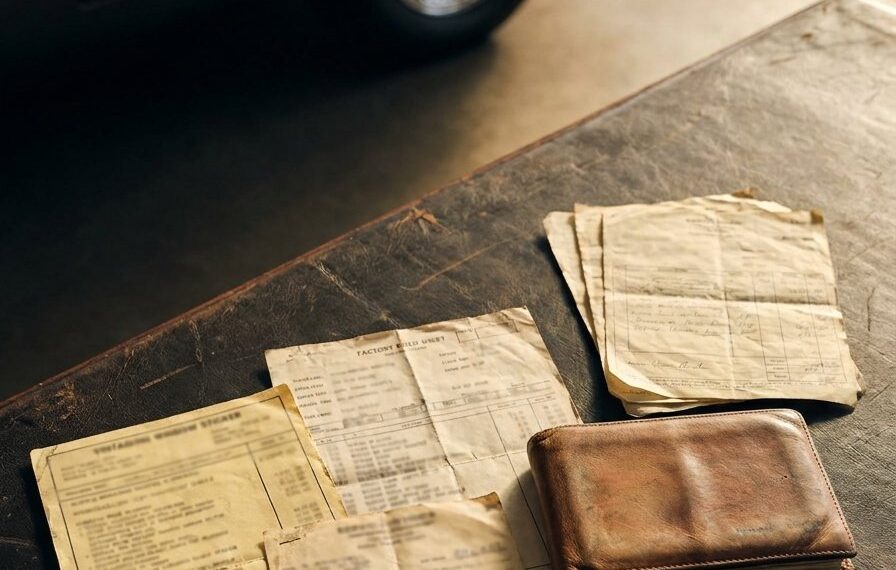Classic car documentation, service records, ownership papers and keys displayed beside a vintage automobile