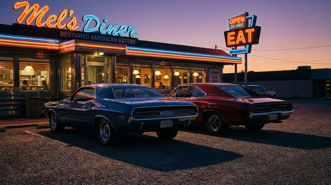 Classic 1970 Dodge Challenger and 1969 Charger, the original American muscle cars, at a vintage diner at dusk