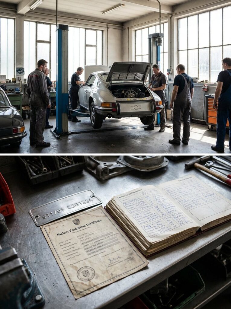 Classic Porsche 911 undergoing workshop restoration with factory records and production certificate
