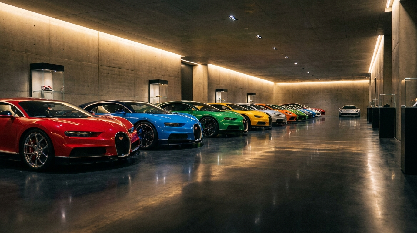 Row of hypercars in a private collector garage
