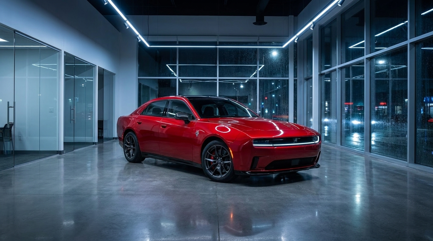 Dodge Charger Daytona EV parked alone in an empty dealership showroom at night
