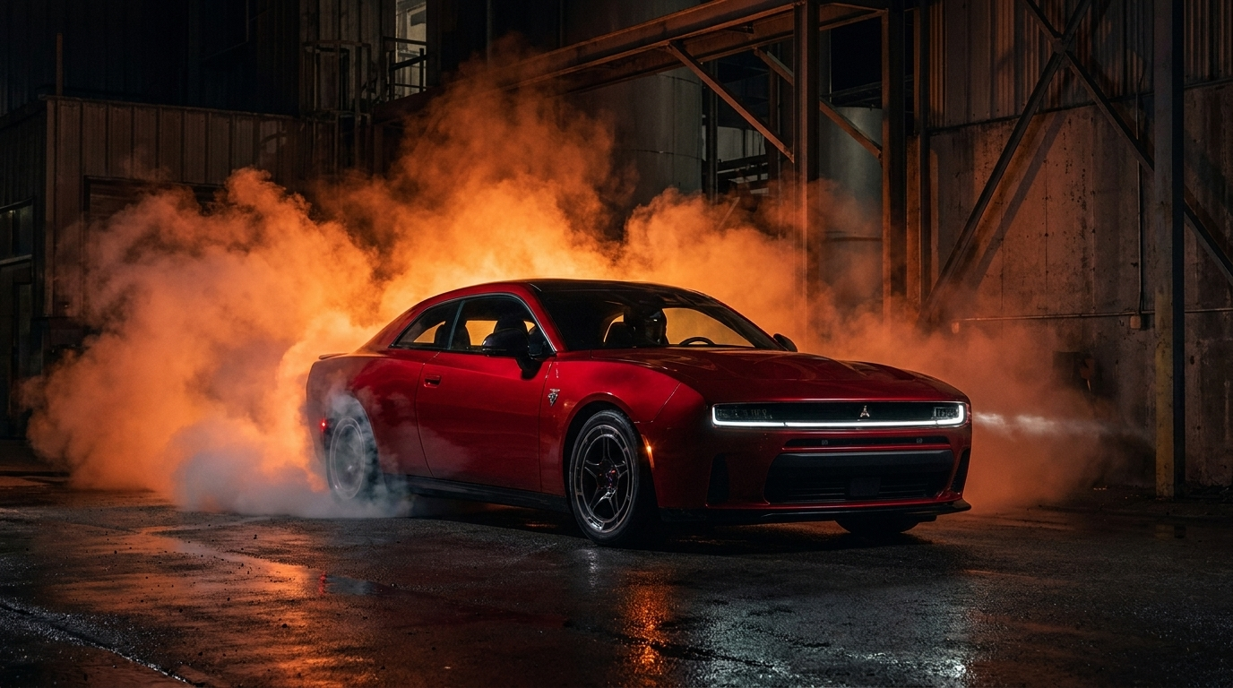 New-generation Dodge Charger, the future of American muscle cars, performing a burnout at night