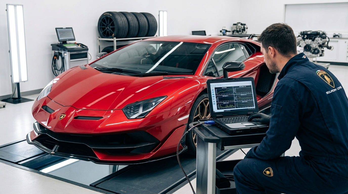 Technician running an OBD diagnostic to detect mileage blockers on an exotic car