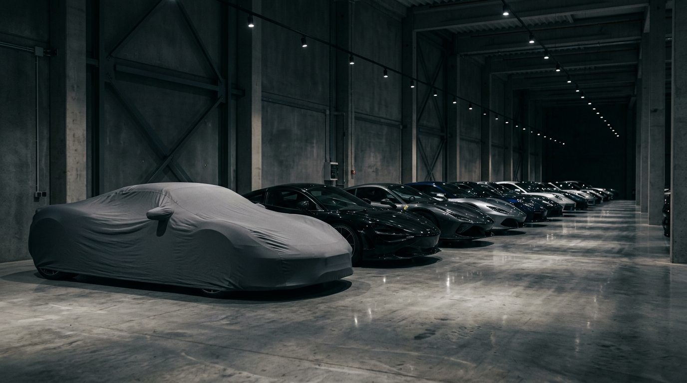 Row of exotic cars in a private storage facility illustrating permanent scarcity at the top of the market