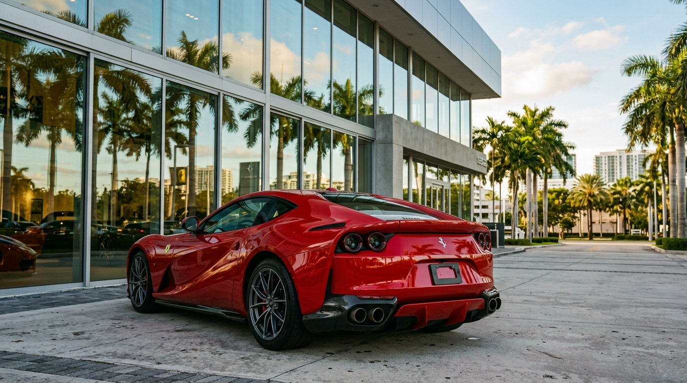 Red Ferrari 812 Superfast parked outside a Miami exotic car dealership