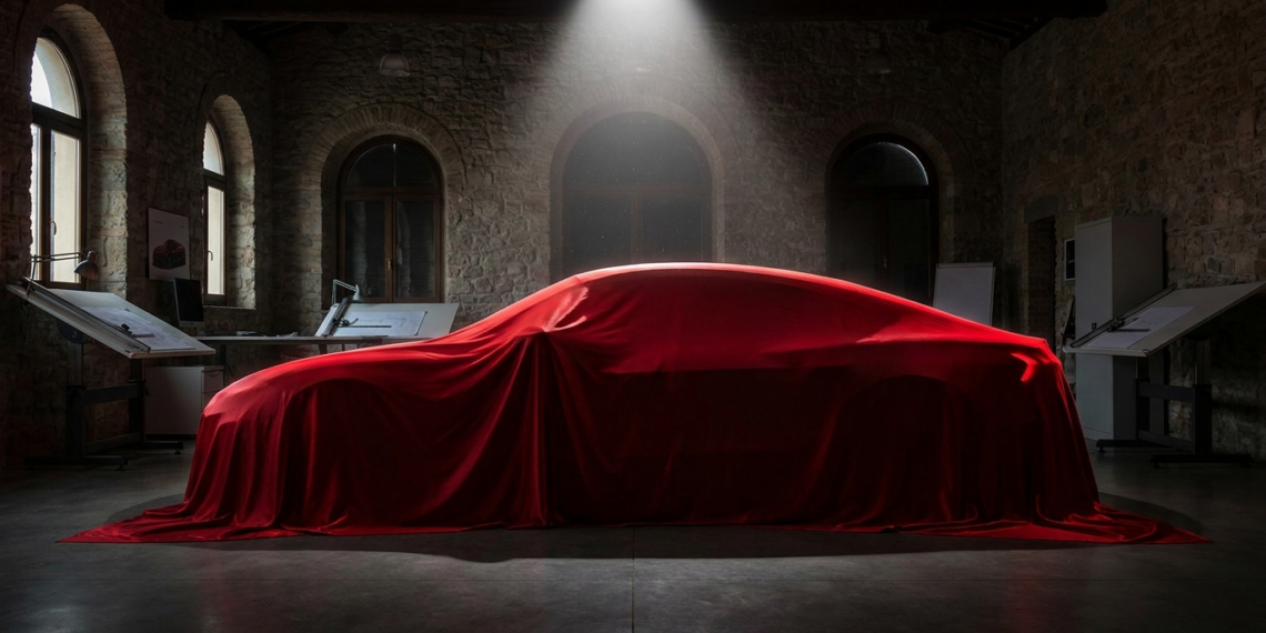 Silhouette of a four-door electric grand tourer beneath a red silk cover in a design studio