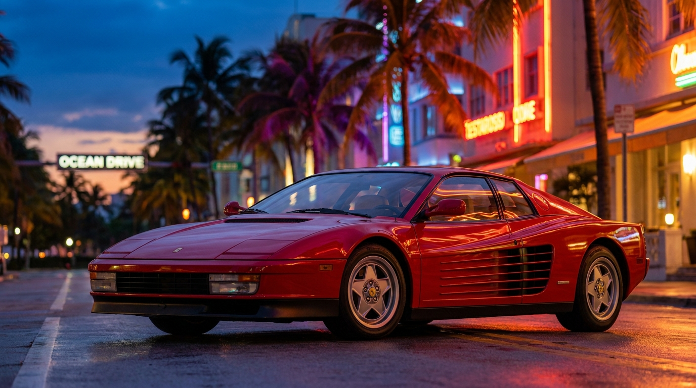 Ferrari Testarossa in Rosso Corsa on a Miami street at dusk with neon lights