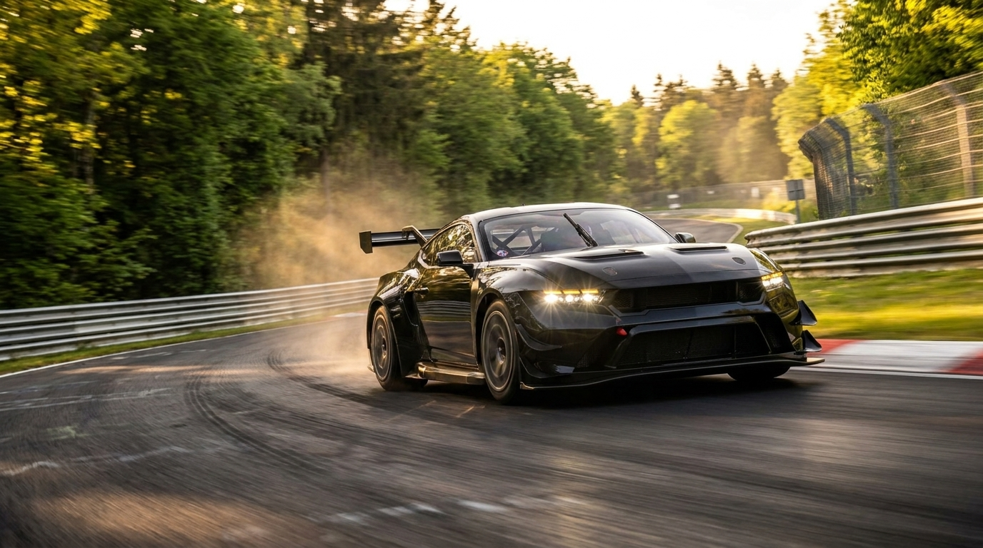 Ford Mustang GTD Competition attacking a corner on the Nurburgring Nordschleife