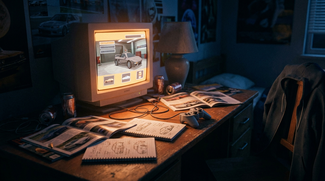 1990s teenage bedroom desk at night with a CRT monitor showing a racing game, car magazines and notes