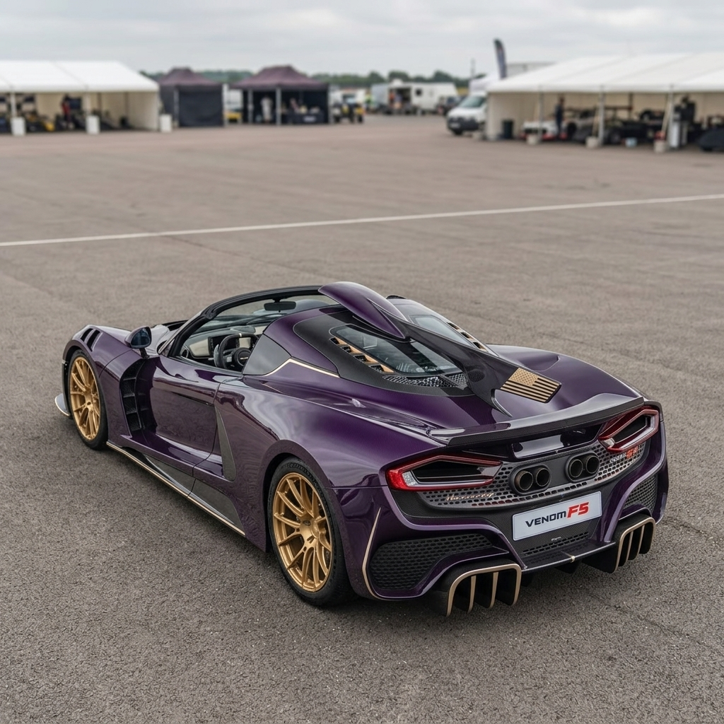 Rear three-quarter view of the Hennessey Venom F5-M showing the 55-inch dorsal fin