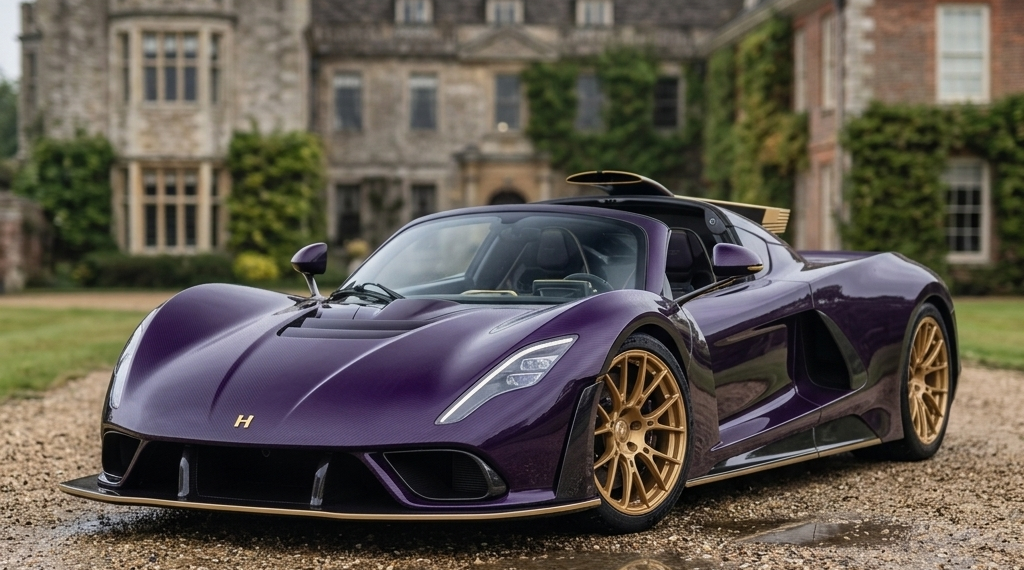 Hennessey Venom F5-M in exposed purple carbon fiber with gold accents, front three-quarter view