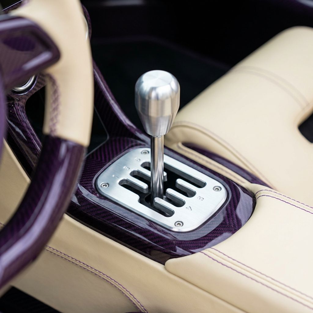 Billet aluminum gated six-speed manual shifter in the Hennessey Venom F5-M cockpit