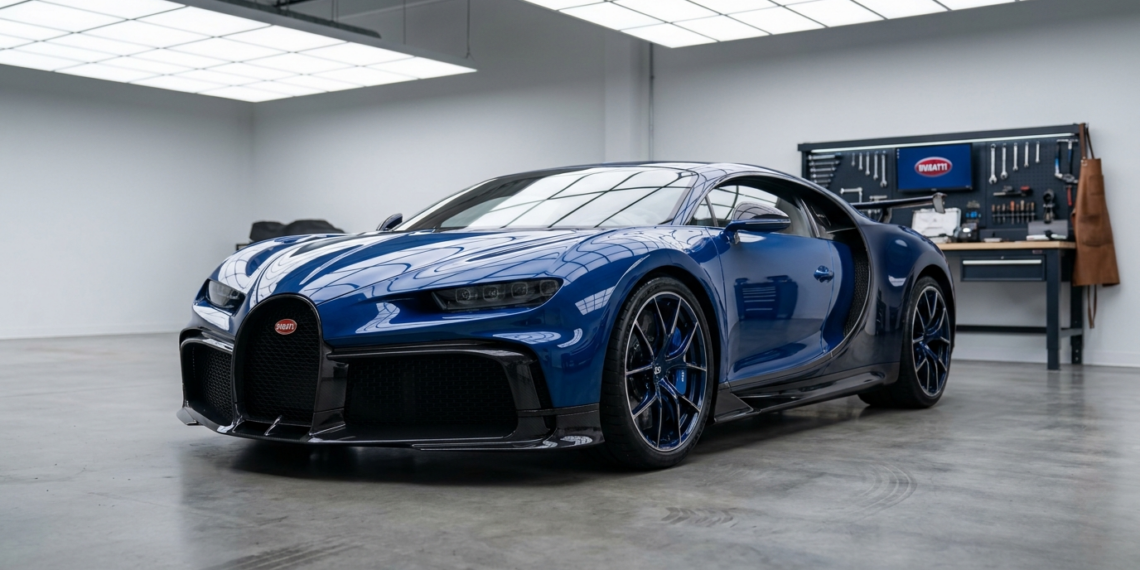 Blue and carbon fiber Bugatti Chiron parked in a private service atelier, illustrating first-year Bugatti Chiron ownership and maintenance costs