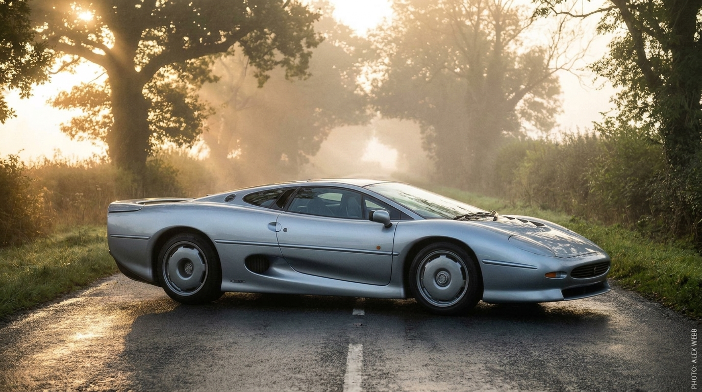 Jaguar XJ220 side profile on a misty British country road at dawn