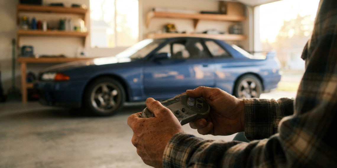 Collector holding a 1990s video game controller in front of a Japanese sports coupe in his garage