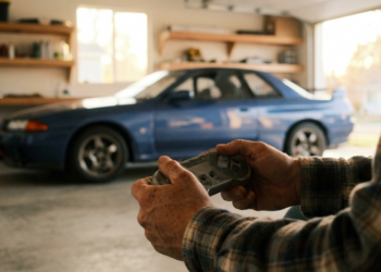 Collector holding a 1990s video game controller in front of a Japanese sports coupe in his garage