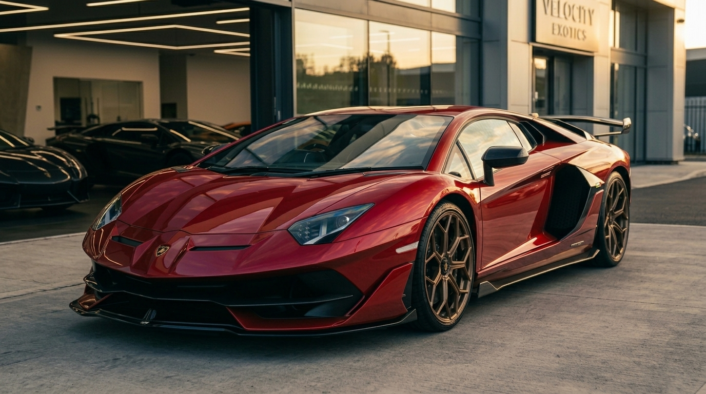 Lamborghini Aventador SVJ targeted by mileage blockers outside an exotic car dealership