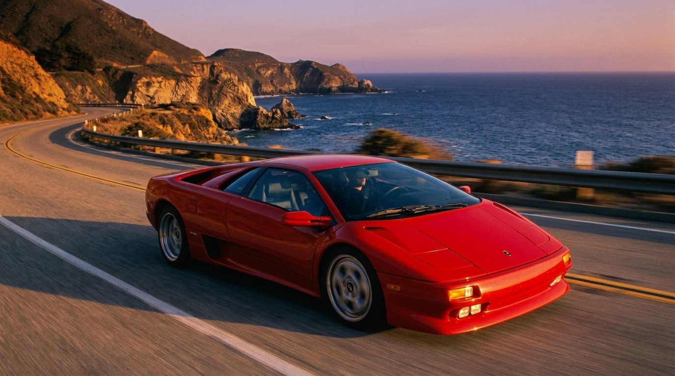 Red Lamborghini Diablo driving a winding coastal highway at dusk