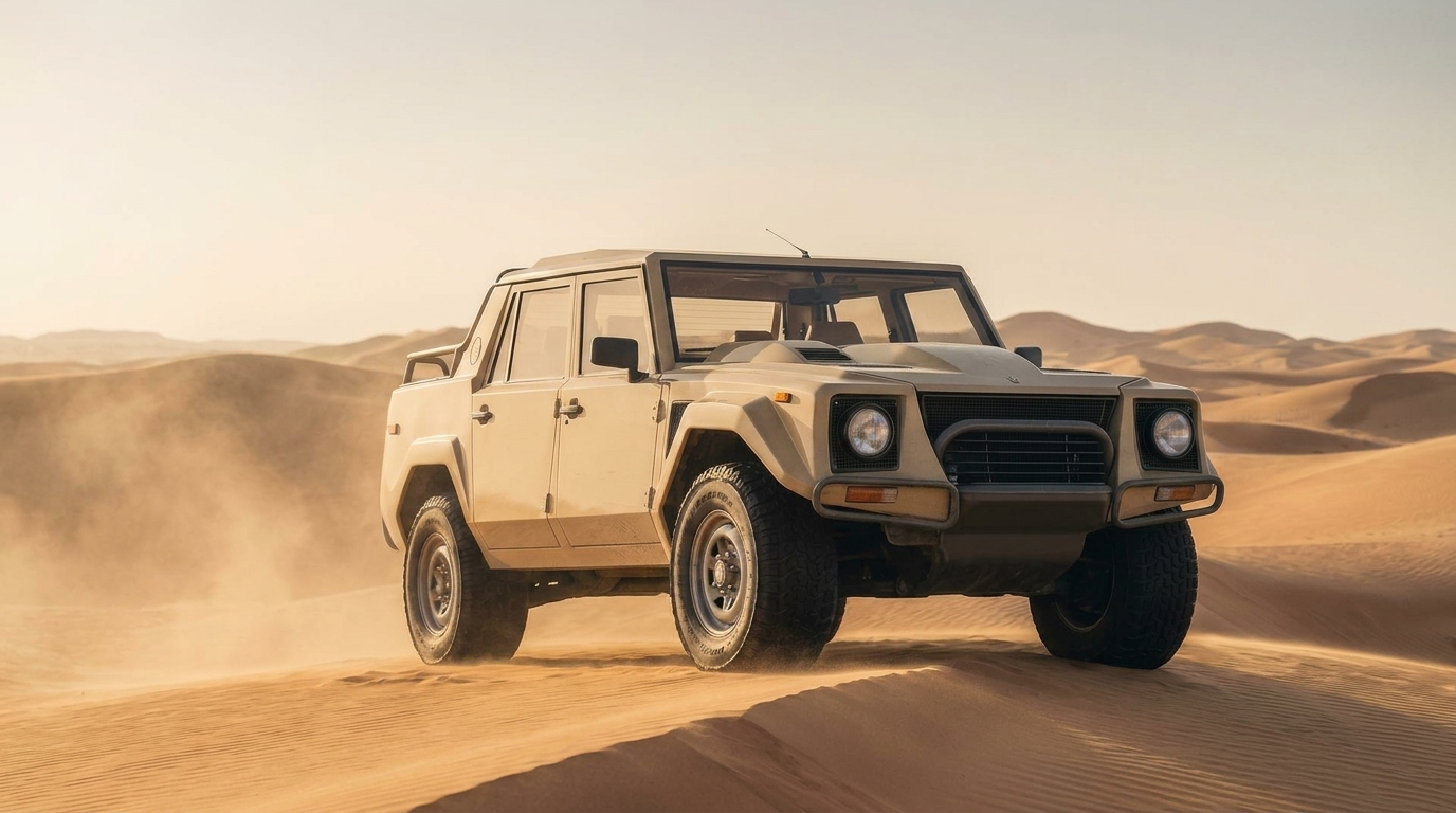 Lamborghini LM002 in sand beige photographed in a desert landscape