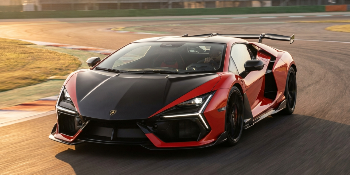 Lamborghini Revuelto SV speculative render, front three-quarter view on track with fixed rear wing and deep front splitter