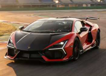 Lamborghini Revuelto SV speculative render, front three-quarter view on track with fixed rear wing and deep front splitter