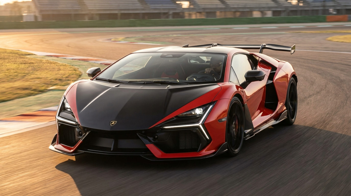 Lamborghini Revuelto SV speculative render, front three-quarter view on track with fixed rear wing and deep front splitter