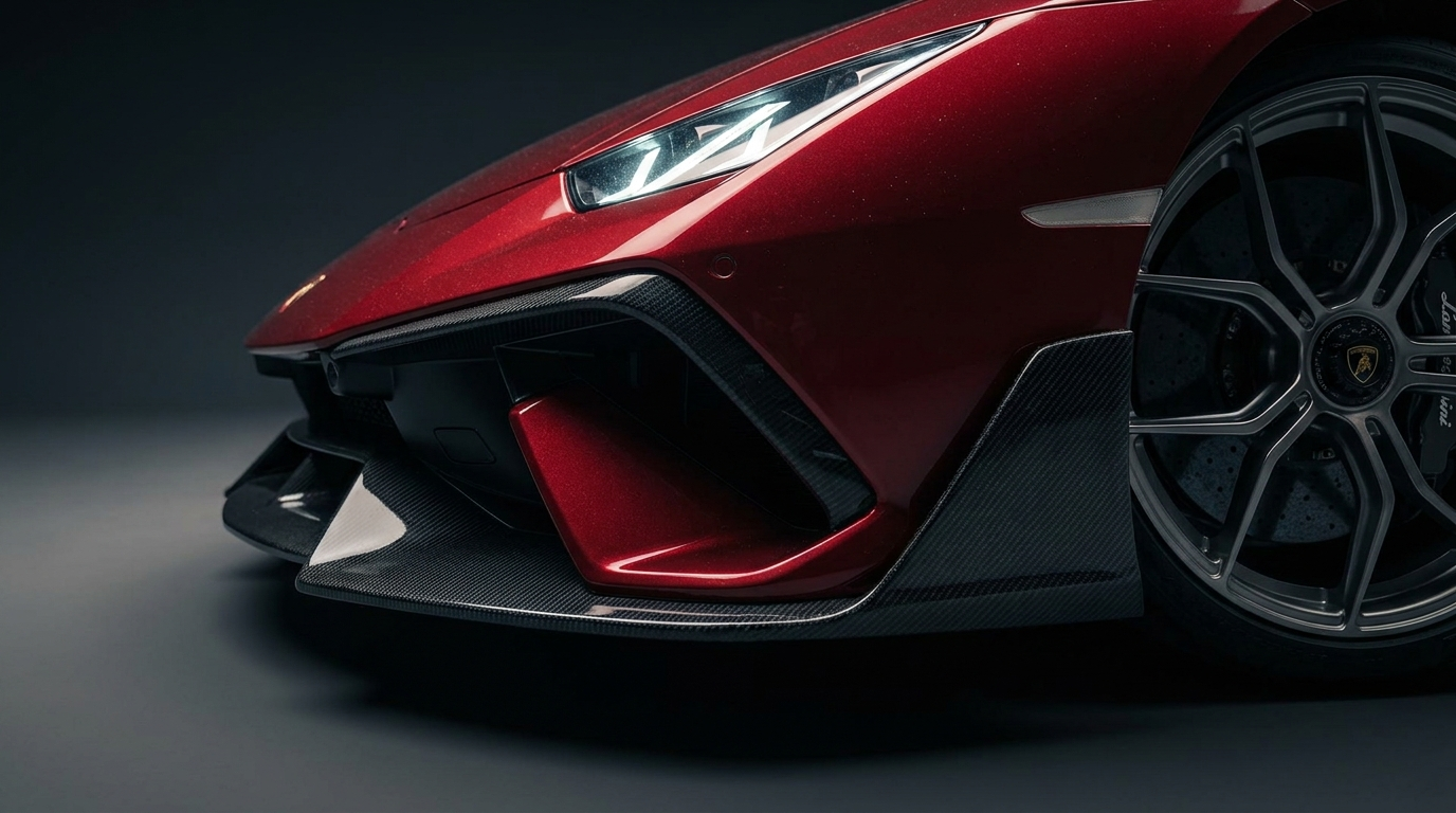 Close-up of the Lamborghini Revuelto SV front carbon splitter and slashed intake, speculative render