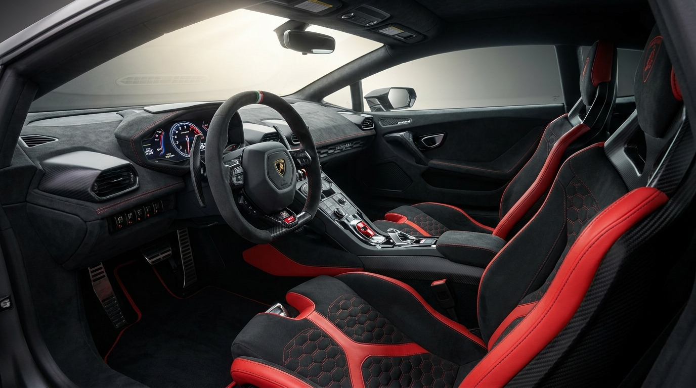 Speculative interior render of the Lamborghini Revuelto SV with carbon bucket seats and hexagonal design themes