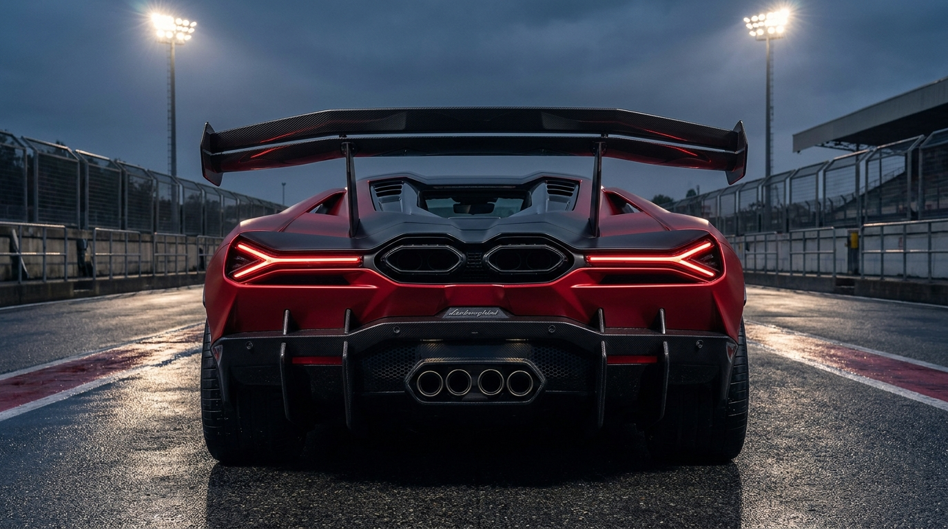 Rear view of the Lamborghini Revuelto SV speculative render showing the fixed carbon wing and quad exhaust