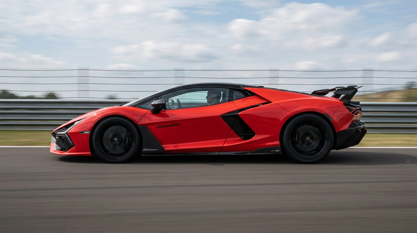 Side profile of the Lamborghini Revuelto SV speculative render at speed on a race circuit