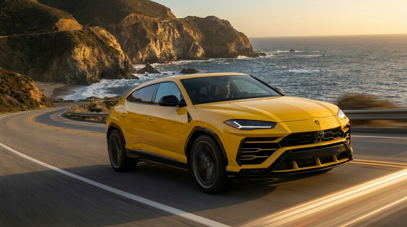 2026 Lamborghini Urus SE driving on a coastal highway — Urus vs DBX vs Cullinan vs Purosangue comparison