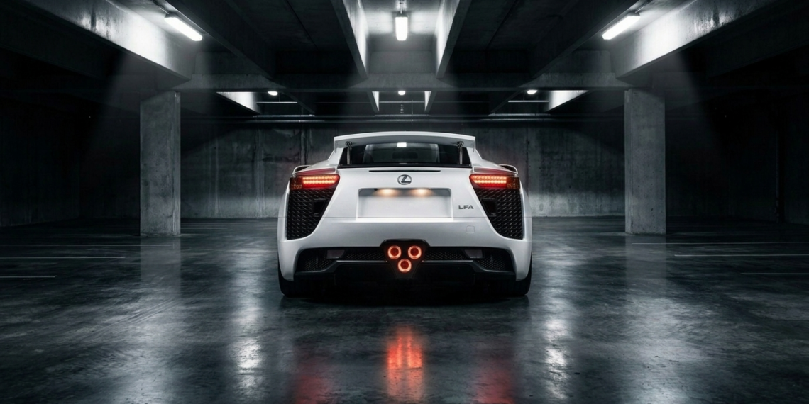 Lexus LFA rear view at night showing the triple center-exit exhaust and rear wing
