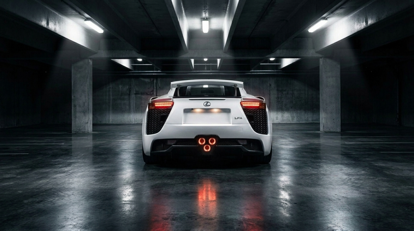 Lexus LFA rear view at night, one of the most famous exotic cars that flopped when new