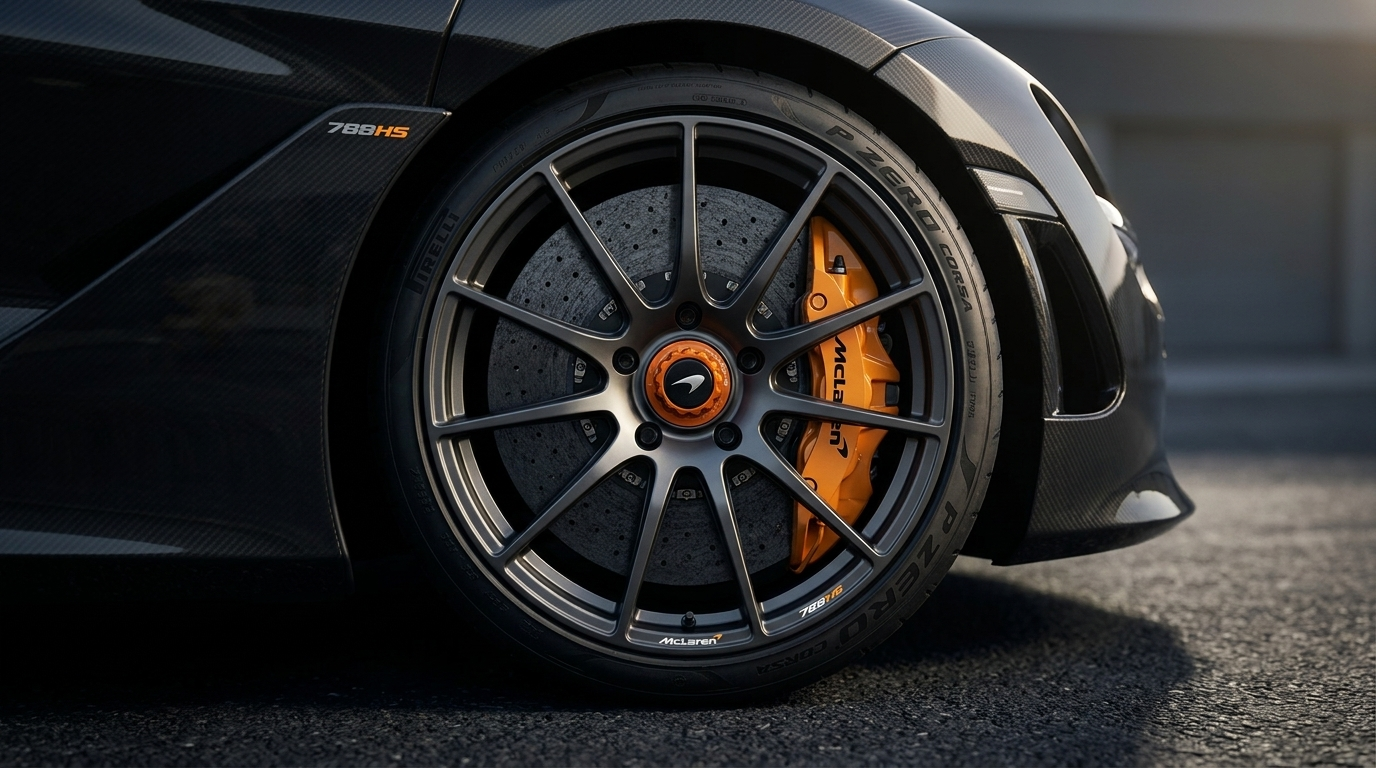 McLaren 788HS center-lock forged alloy wheel with Senna-derived carbon ceramic brakes