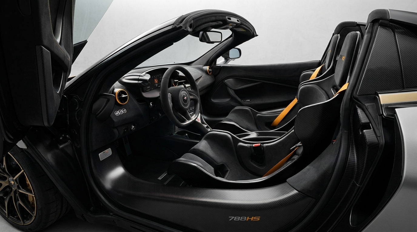 McLaren 788HS interior with carbon fiber center console and HS perforated racing seats