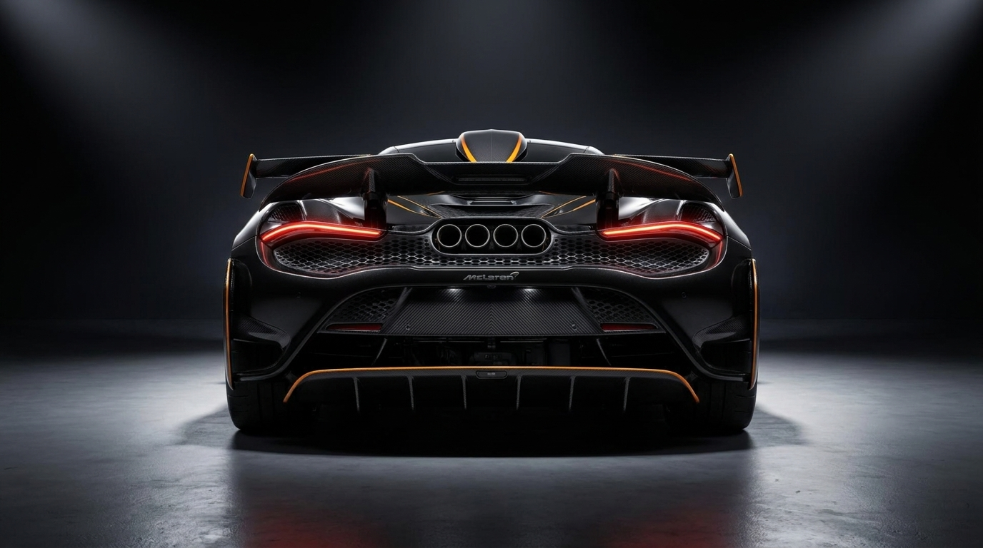 McLaren 788HS rear view showing quad titanium center-exit exhaust and raised rear wing