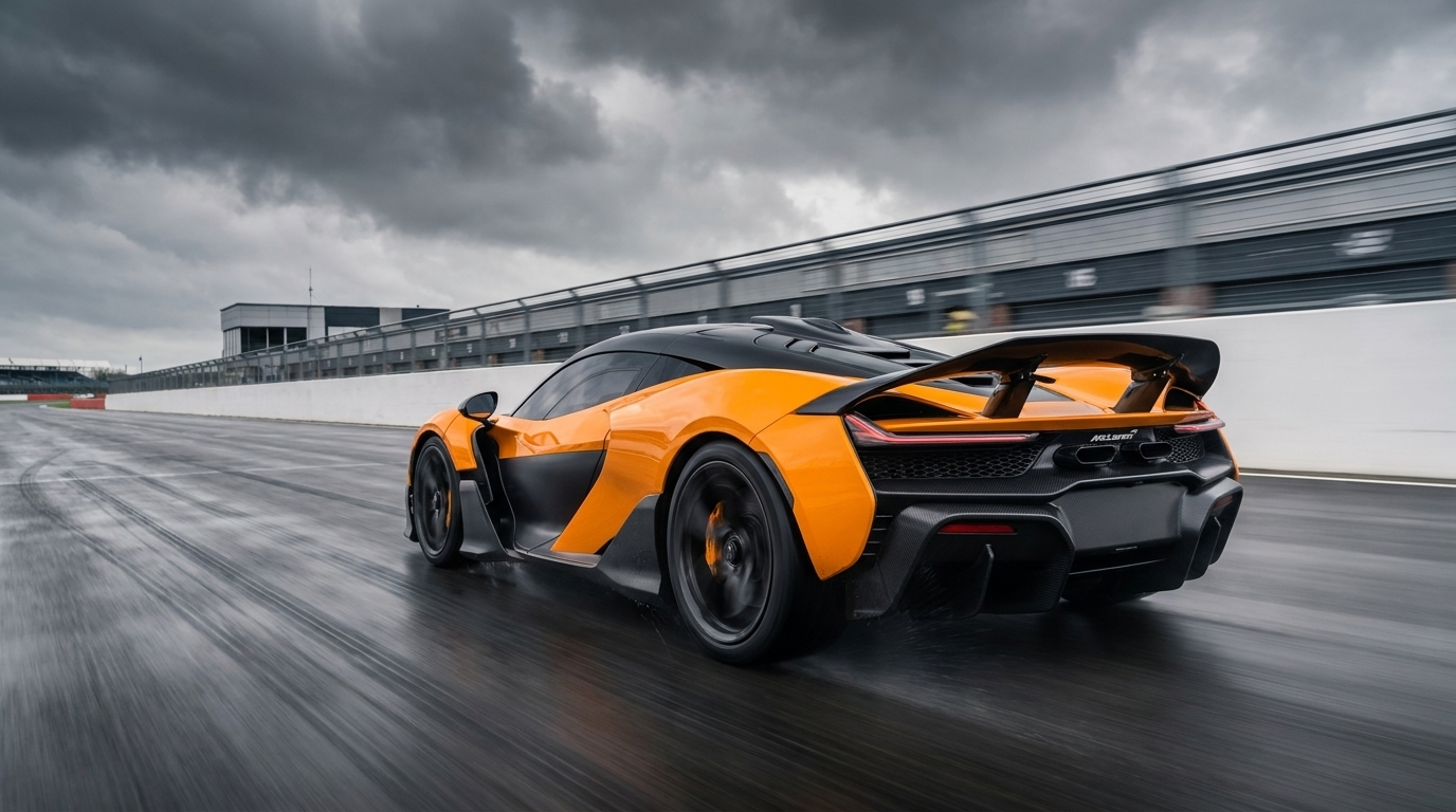McLaren W1 rear view on track with Active Long Tail rear wing deployed generating up to 1,000 kg of downforce