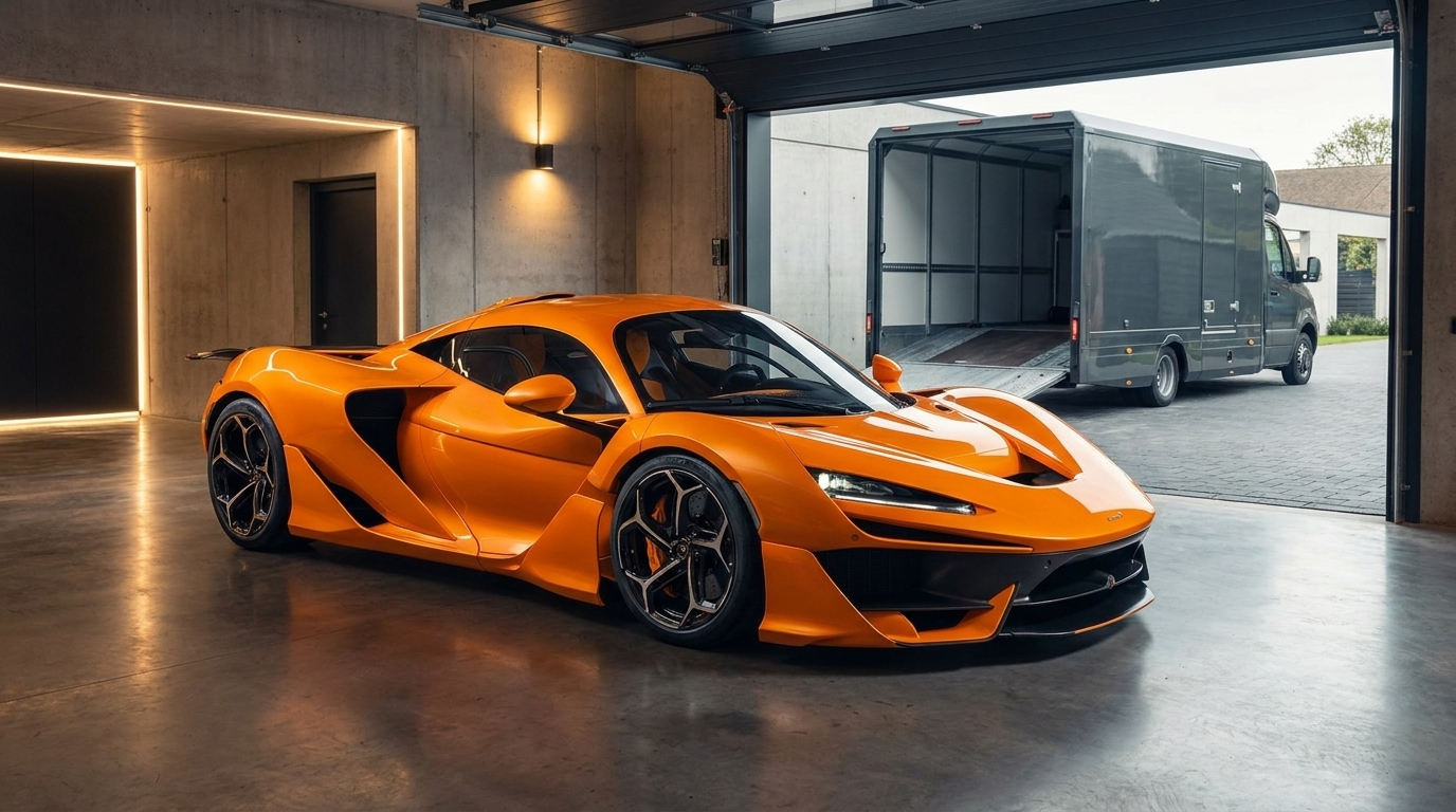 McLaren W1 in papaya orange inside a private collector garage on delivery day with enclosed transporter in background