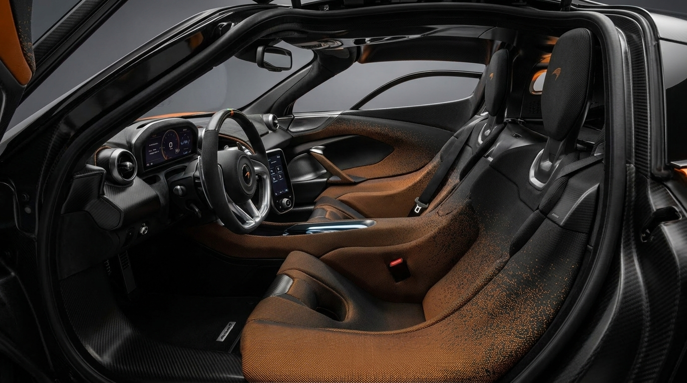 McLaren W1 interior with seats integrated into the Aerocell carbon monocoque, InnoKnit trim, and F1-inspired steering wheel