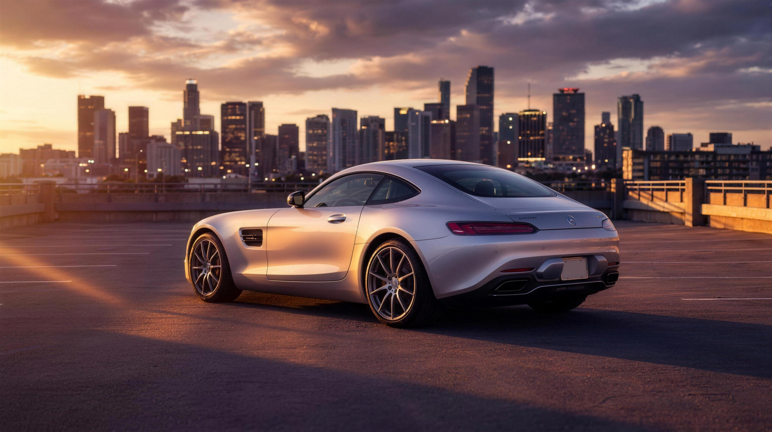 Silver Mercedes-AMG GT at sunset — used AMG buyer's guide