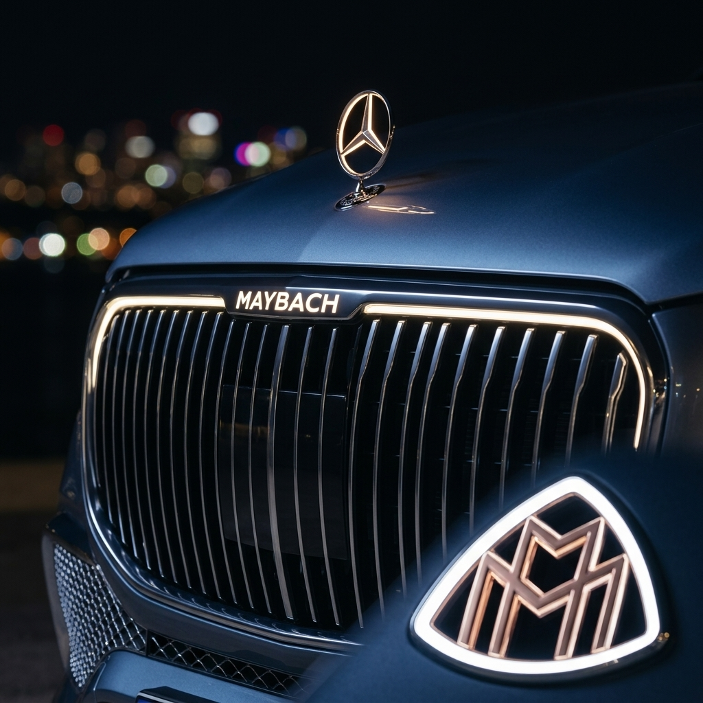 Illuminated grille surround, Maybach lettering, and lit standing star on the 2027 Mercedes-Maybach GLS 680