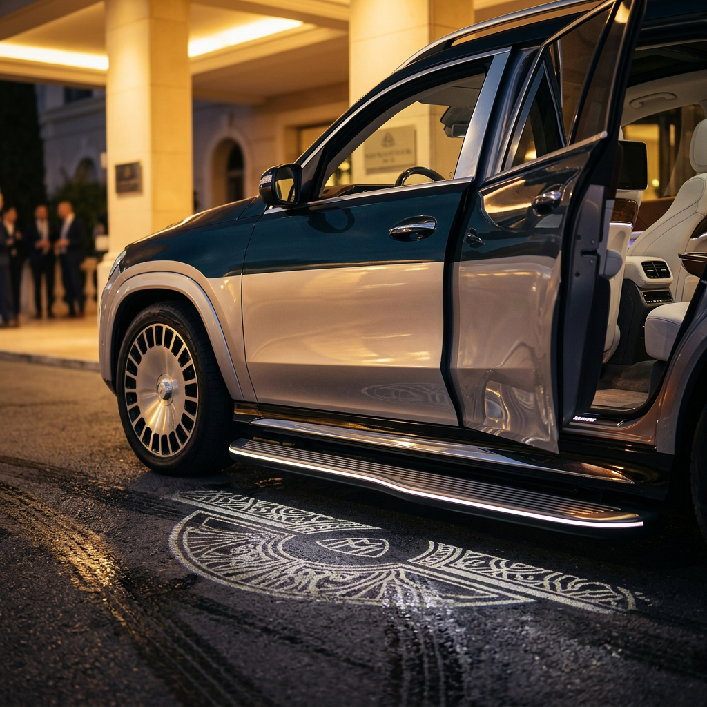 Illuminated electric running board with ground light projection on the 2027 Mercedes-Maybach GLS 680 at night