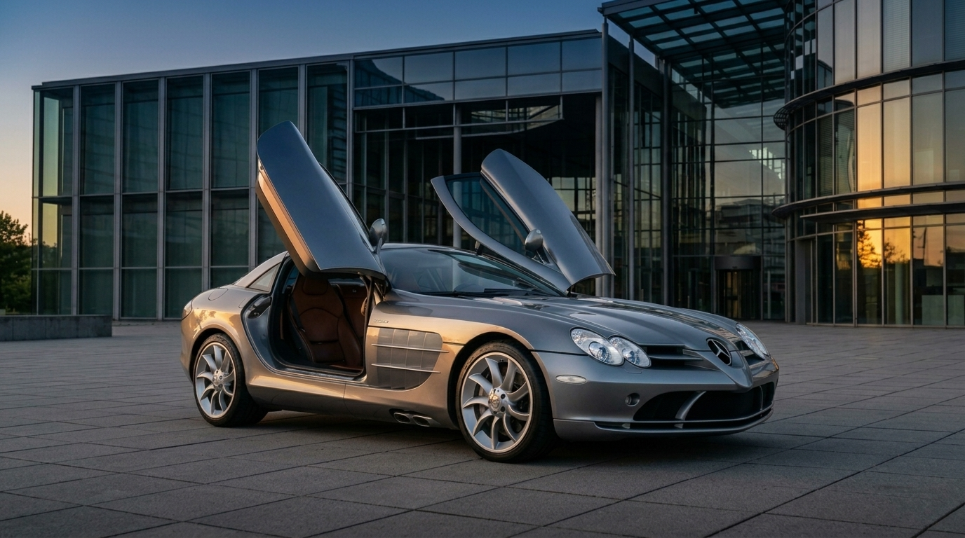 Mercedes-Benz SLR McLaren with butterfly doors open in front of modern architecture