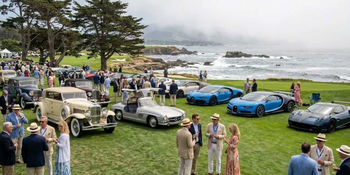 Monterey Car Week 2026 concours display on the 18th fairway at Pebble Beach with the Pacific Ocean in the background
