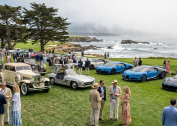 Monterey Car Week 2026 concours display on the 18th fairway at Pebble Beach with the Pacific Ocean in the background