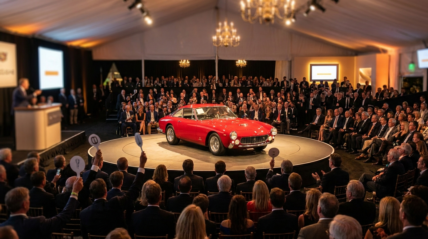 Collector car crossing the auction block under spotlights during Monterey Car Week