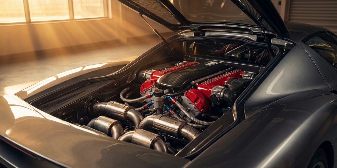 Engine bay of a modern naturally aspirated V12 supercar under workshop light