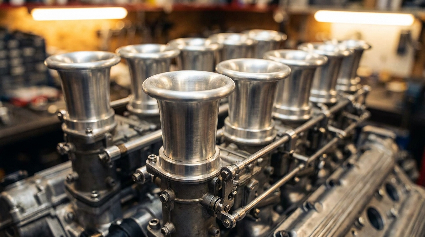 Close-up of the individual throttle bodies and velocity stacks on the Nilu27 NILU naturally aspirated V12 engine
